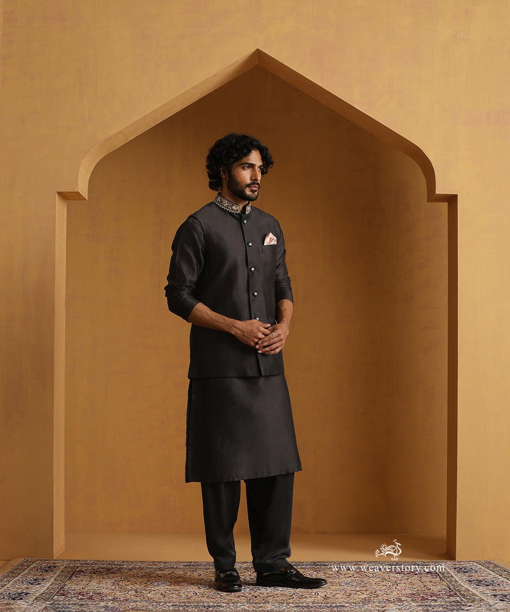 Black_Chanderi_Kurta_With_Salwar_And_Nehru_Jacket_With_Hand_Embroidered_Collar_WeaverStory_05