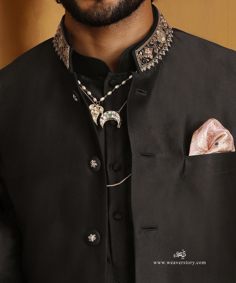 Black_Chanderi_Kurta_With_Salwar_And_Nehru_Jacket_With_Hand_Embroidered_Collar_WeaverStory_06