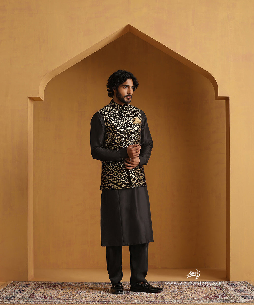 Black_Chanderi_Kurta_With_Salwar_And_Moonga_Silk_Nehru_Jacket_WeaverStory_01