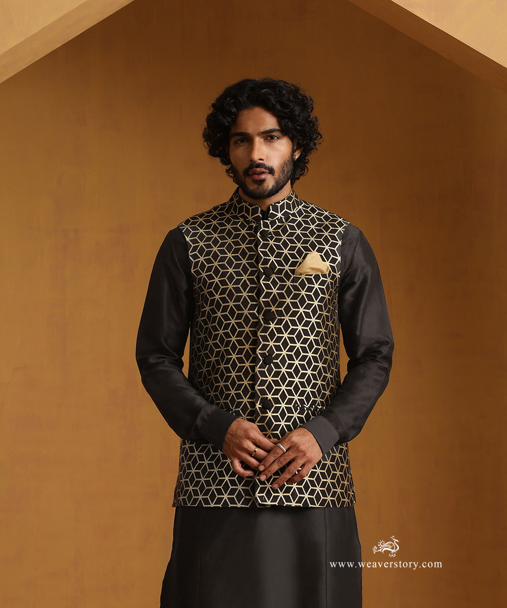 Black_Chanderi_Kurta_With_Salwar_And_Moonga_Silk_Nehru_Jacket_WeaverStory_02