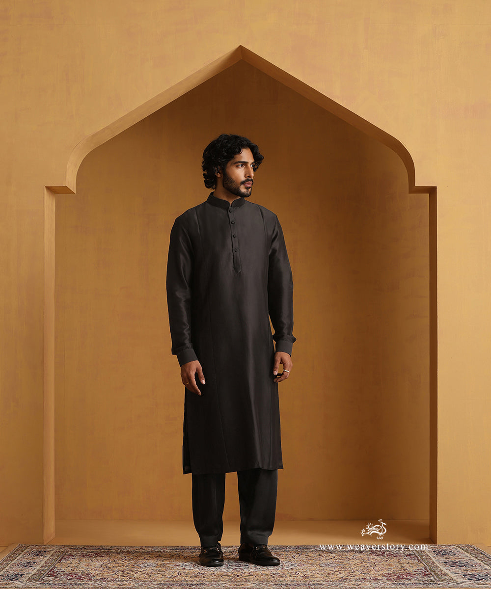 Black_Chanderi_Kurta_With_Salwar_And_Moonga_Silk_Nehru_Jacket_WeaverStory_03