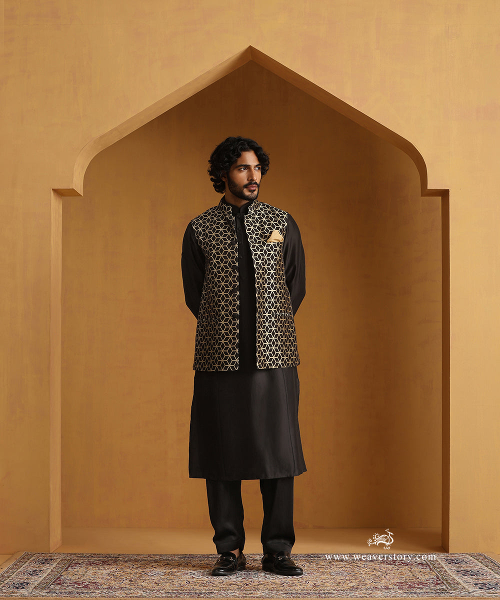 Black_Chanderi_Kurta_With_Salwar_And_Moonga_Silk_Nehru_Jacket_WeaverStory_05