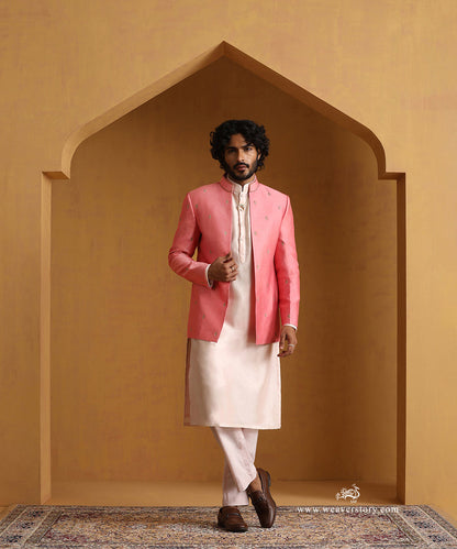 Pink_Chanderi_Kurta_Set_With_Bandhgala_Jacket_With_Embroidered_Collar_WeaverStory_01