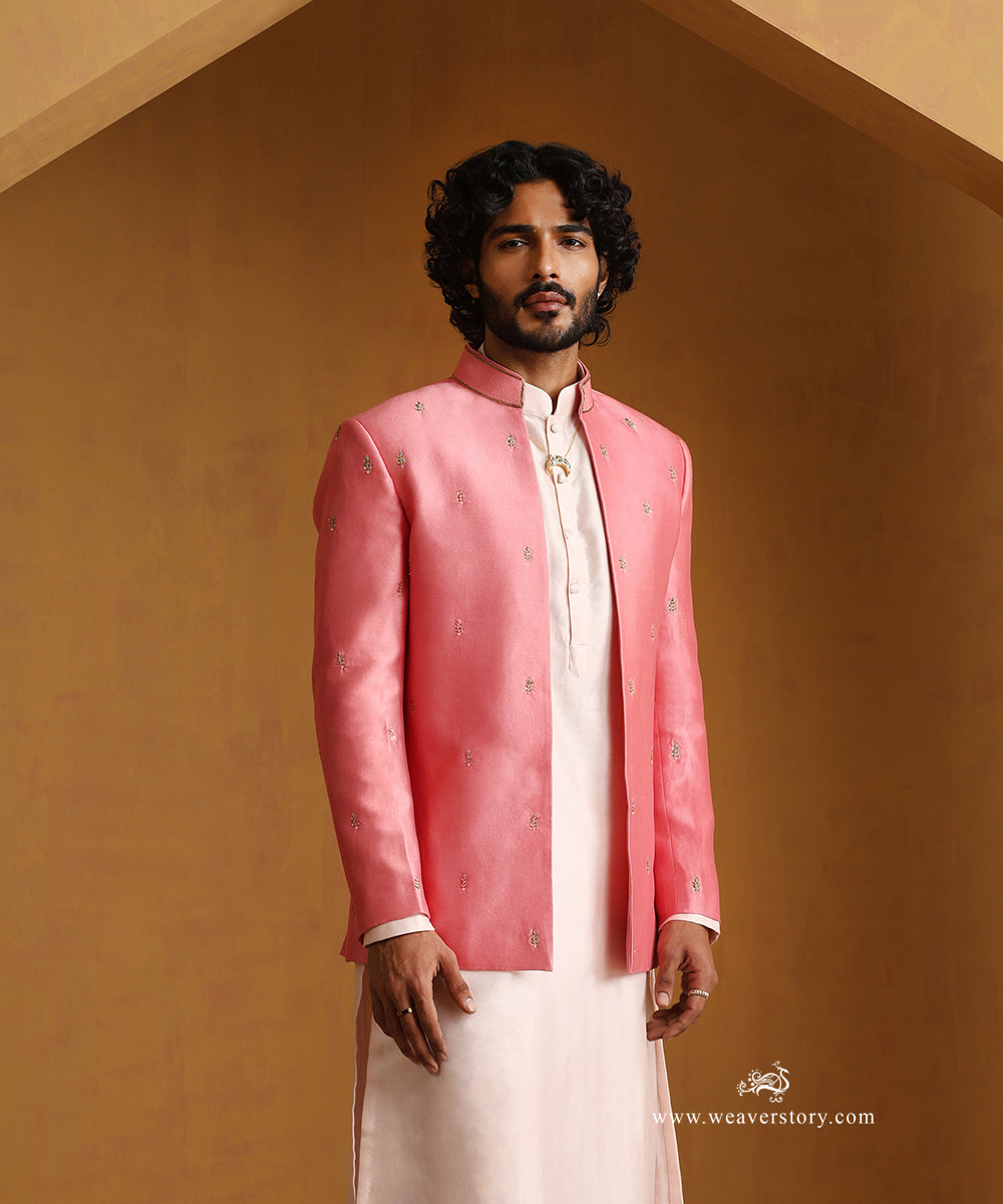 Pink_Chanderi_Kurta_Set_With_Bandhgala_Jacket_With_Embroidered_Collar_WeaverStory_02