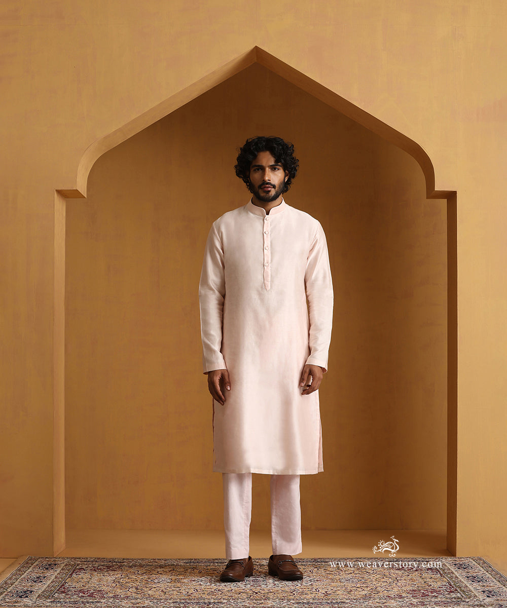 Pink_Chanderi_Kurta_Set_With_Bandhgala_Jacket_With_Embroidered_Collar_WeaverStory_03