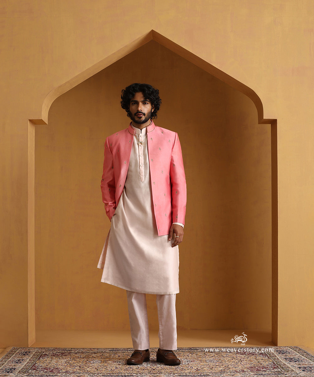 Pink_Chanderi_Kurta_Set_With_Bandhgala_Jacket_With_Embroidered_Collar_WeaverStory_05