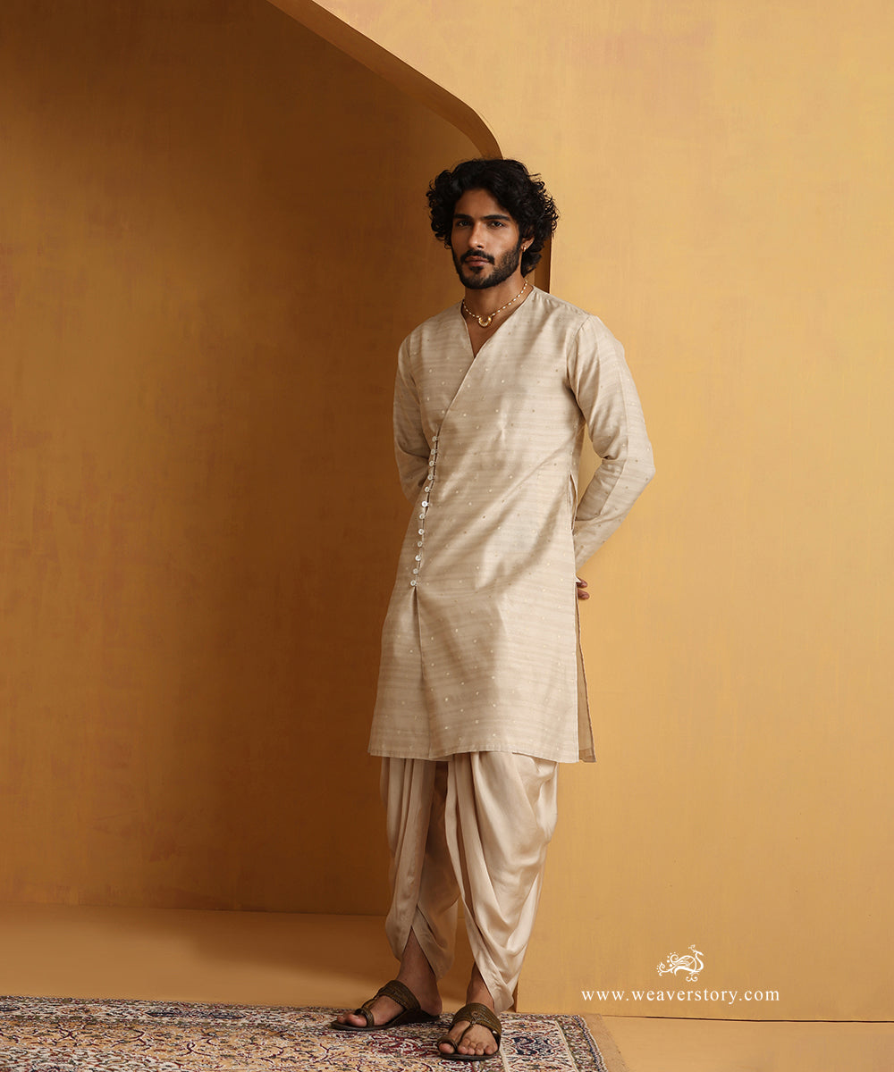 Gold_Tussar_Silk_Angrakha_Kurta_With_Satin_Silk_Dhoti_WeaverStory_01