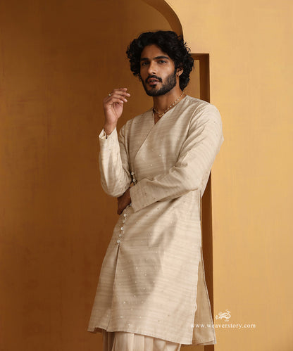 Gold_Tussar_Silk_Angrakha_Kurta_With_Satin_Silk_Dhoti_WeaverStory_02