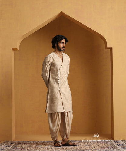 Gold_Tussar_Silk_Angrakha_Kurta_With_Satin_Silk_Dhoti_WeaverStory_03