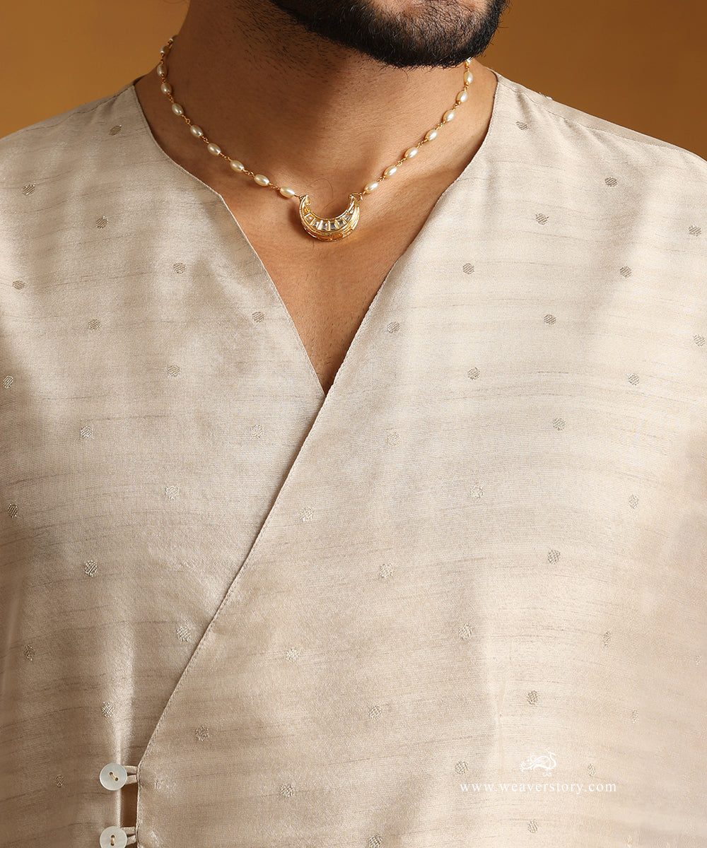 Gold_Tussar_Silk_Angrakha_Kurta_With_Satin_Silk_Dhoti_WeaverStory_04