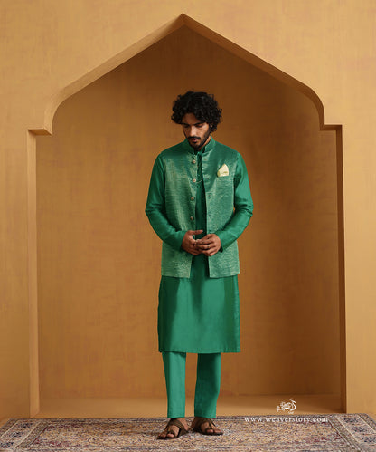 Emerald Green Chanderi Kurta Set With Tissue Nehru Jacket And Embroidered Buttons