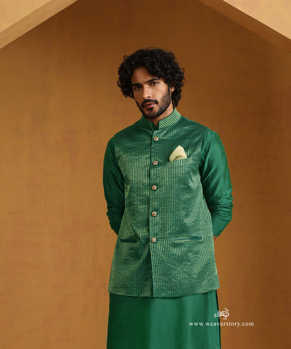 Emerald Green Chanderi Kurta Set With Tissue Nehru Jacket And Embroidered Buttons