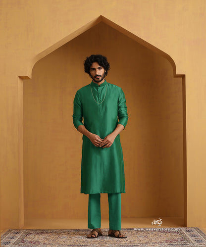 Emerald Green Chanderi Kurta Set With Tissue Nehru Jacket And Embroidered Buttons