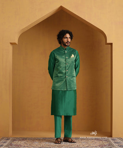 Emerald Green Chanderi Kurta Set With Tissue Nehru Jacket And Embroidered Buttons