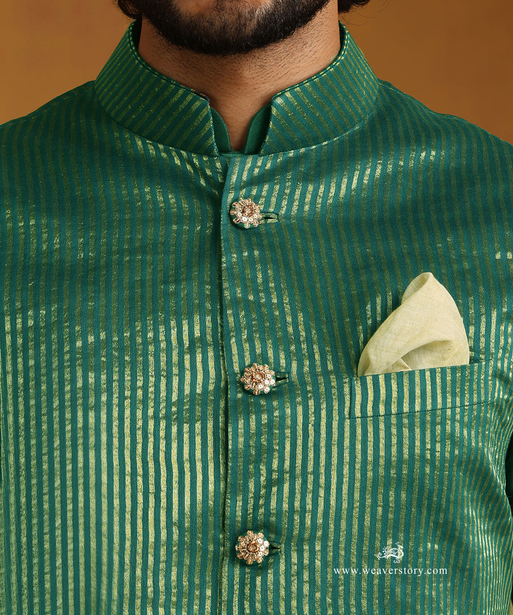 Emerald Green Chanderi Kurta Set With Tissue Nehru Jacket And Embroidered Buttons