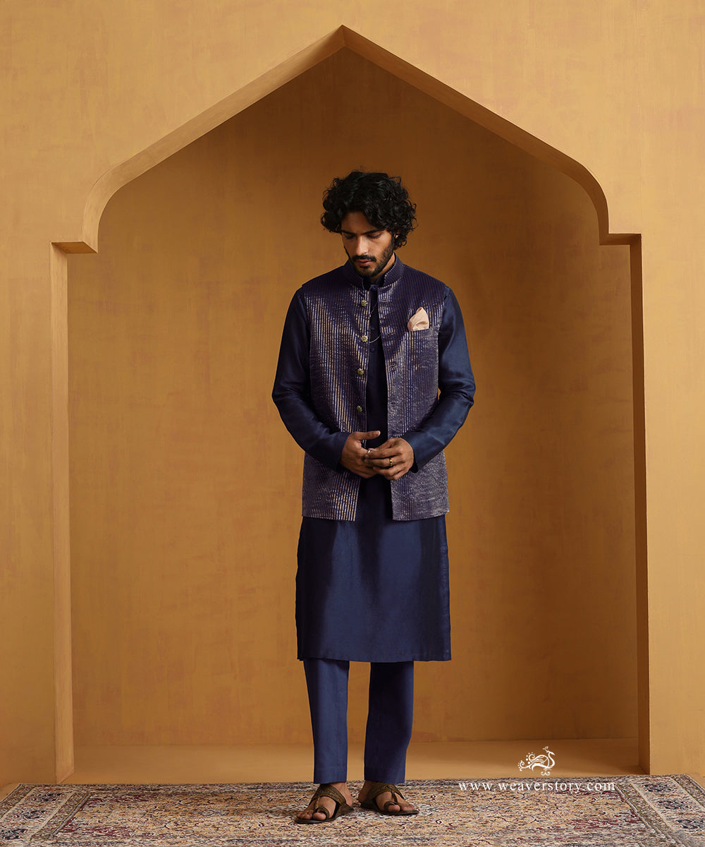 Navy Blue Chanderi Kurta Set With Tissue Nehru Jacket And Embroidered Buttons