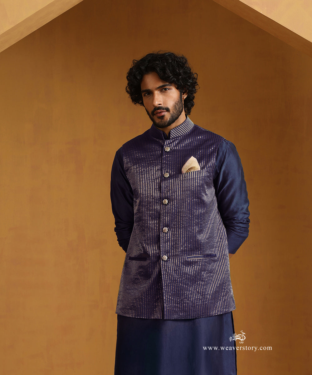 Navy Blue Chanderi Kurta Set With Tissue Nehru Jacket And Embroidered Buttons