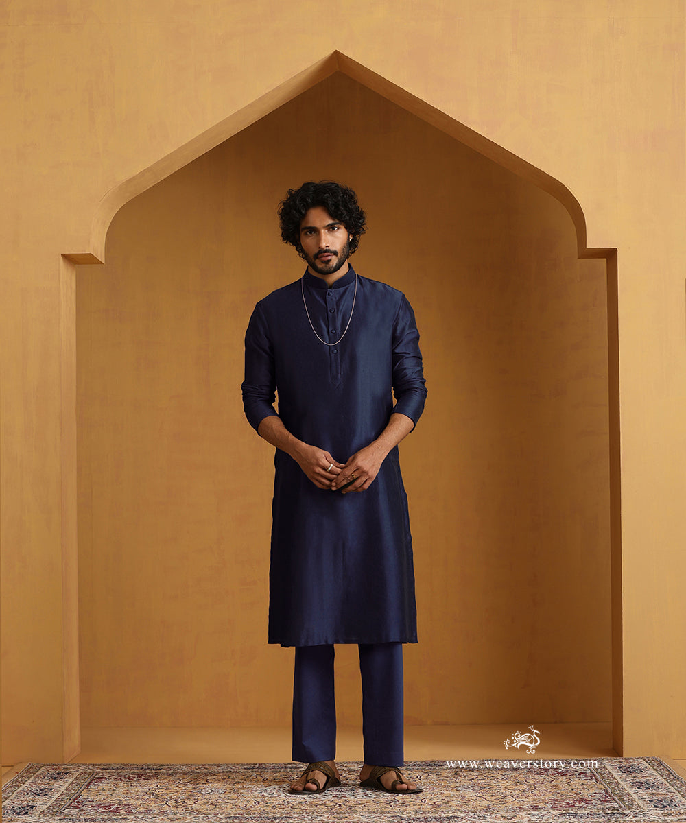 Navy Blue Chanderi Kurta Set With Tissue Nehru Jacket And Embroidered Buttons