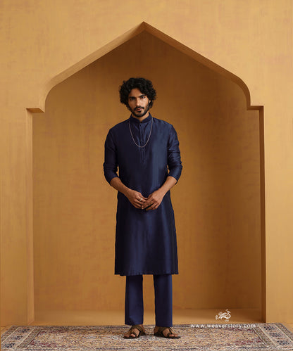 Navy Blue Chanderi Kurta Set With Tissue Nehru Jacket And Embroidered Buttons