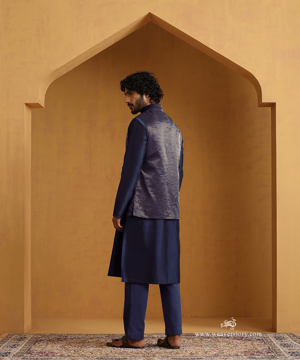 Navy Blue Chanderi Kurta Set With Tissue Nehru Jacket And Embroidered Buttons