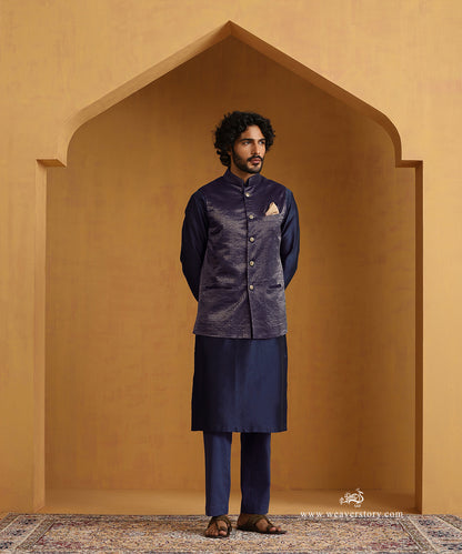 Navy Blue Chanderi Kurta Set With Tissue Nehru Jacket And Embroidered Buttons