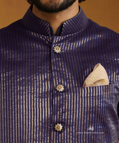 Navy Blue Chanderi Kurta Set With Tissue Nehru Jacket And Embroidered Buttons