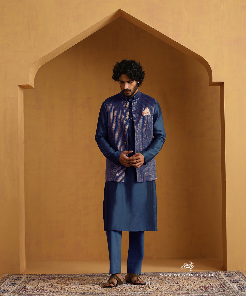 Teal Blue Chanderi Kurta Set With Tissue Nehru Jacket And Embroidered Buttons