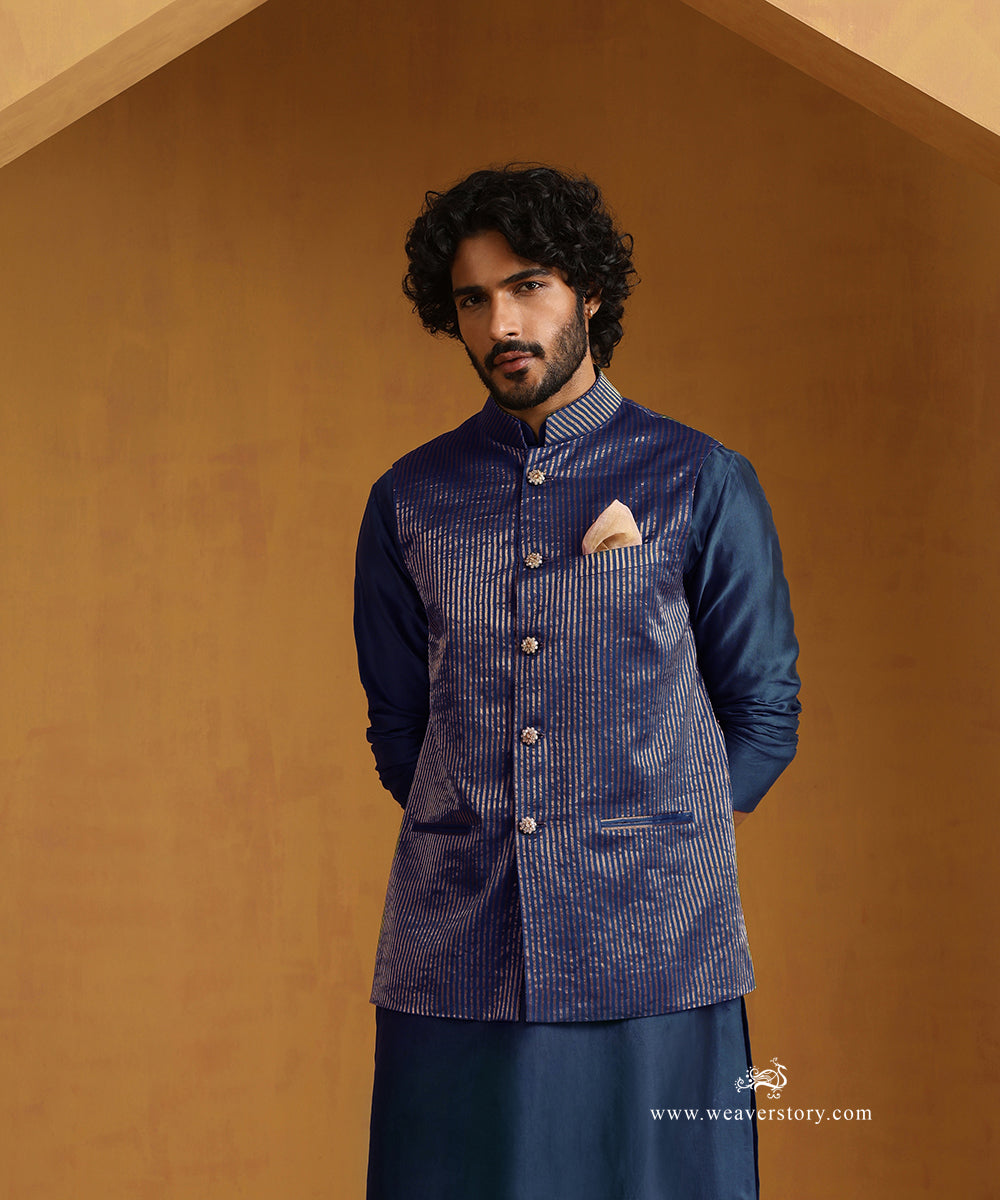 Teal Blue Chanderi Kurta Set With Tissue Nehru Jacket And Embroidered Buttons