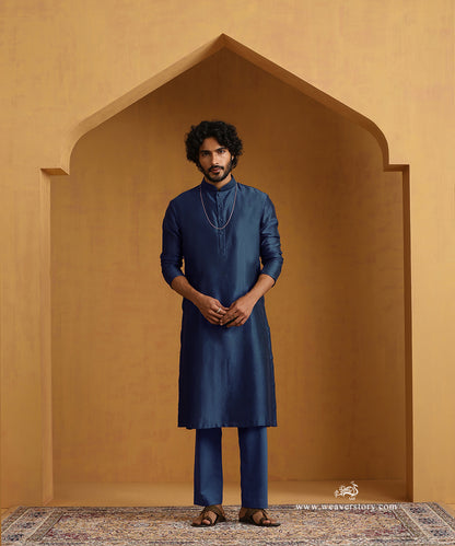 Teal Blue Chanderi Kurta Set With Tissue Nehru Jacket And Embroidered Buttons