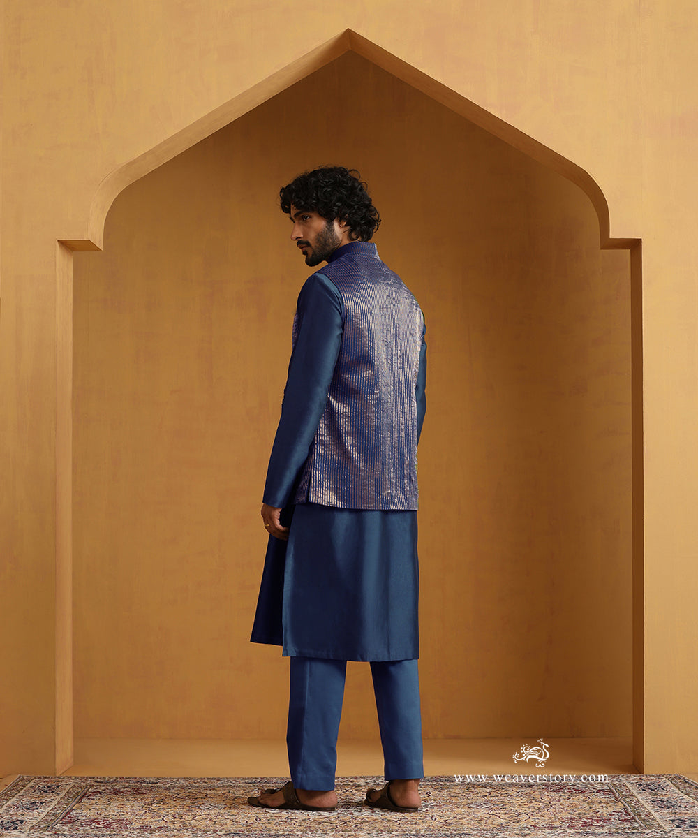 Teal Blue Chanderi Kurta Set With Tissue Nehru Jacket And Embroidered Buttons