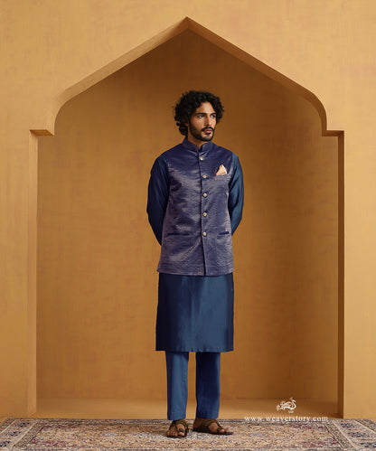 Teal Blue Chanderi Kurta Set With Tissue Nehru Jacket And Embroidered Buttons