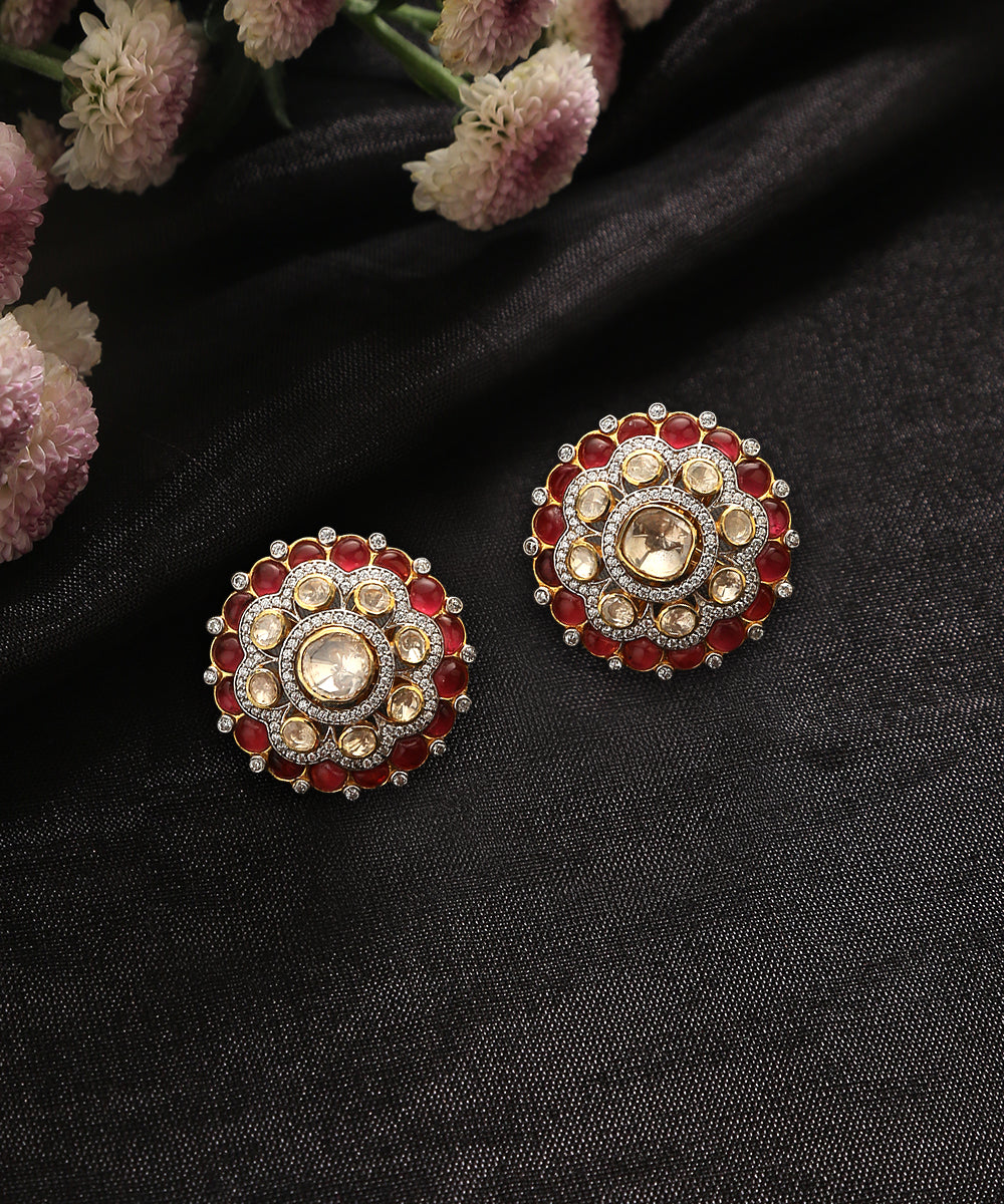 Basir Handcrafted Pure Silver Earrings With Moissanite Polki And Ruby