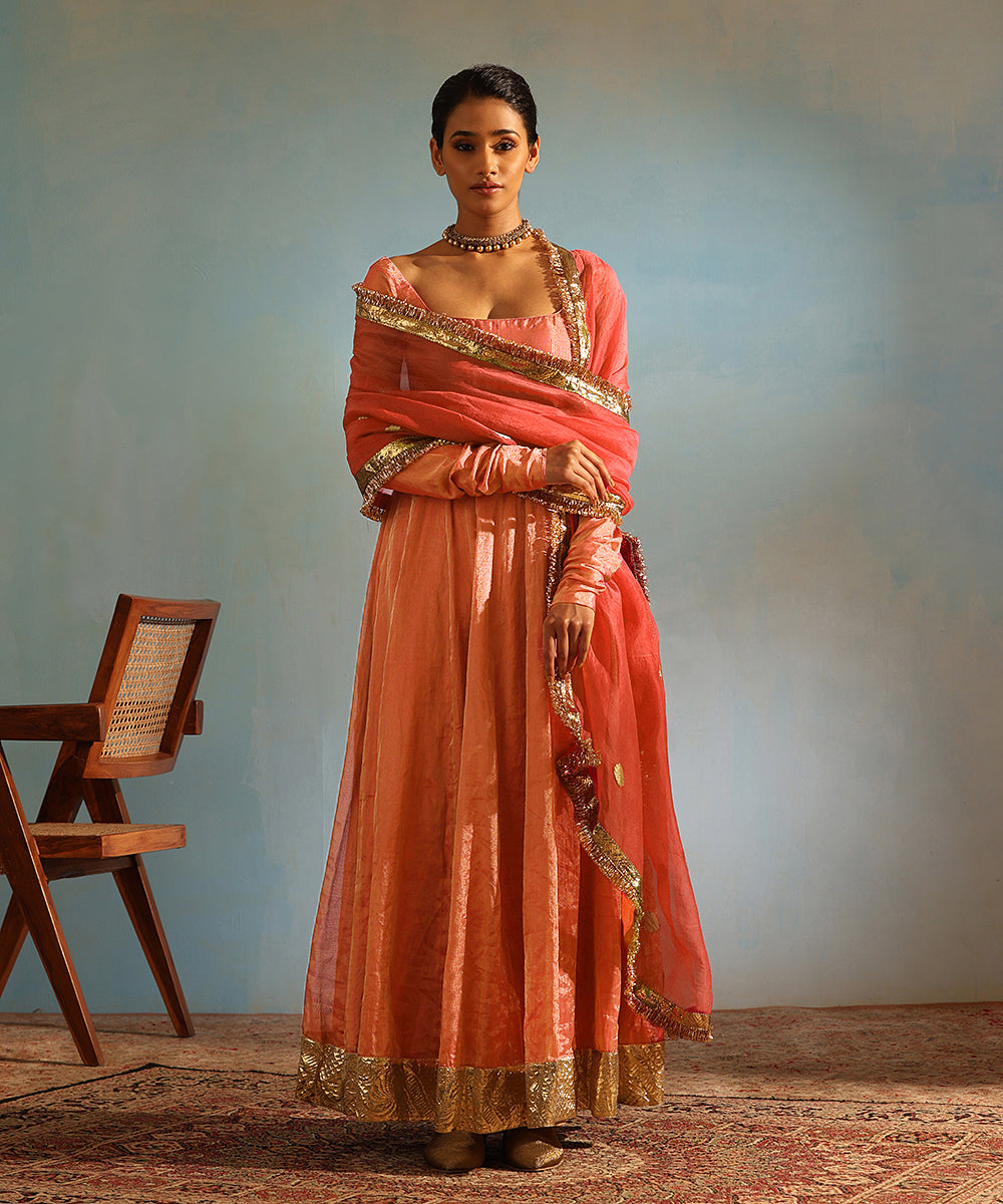 Coral Handcrafted Tissue Silk Anarkali Kurta With Churidaar And Organza Dupatta Ready To Wear
