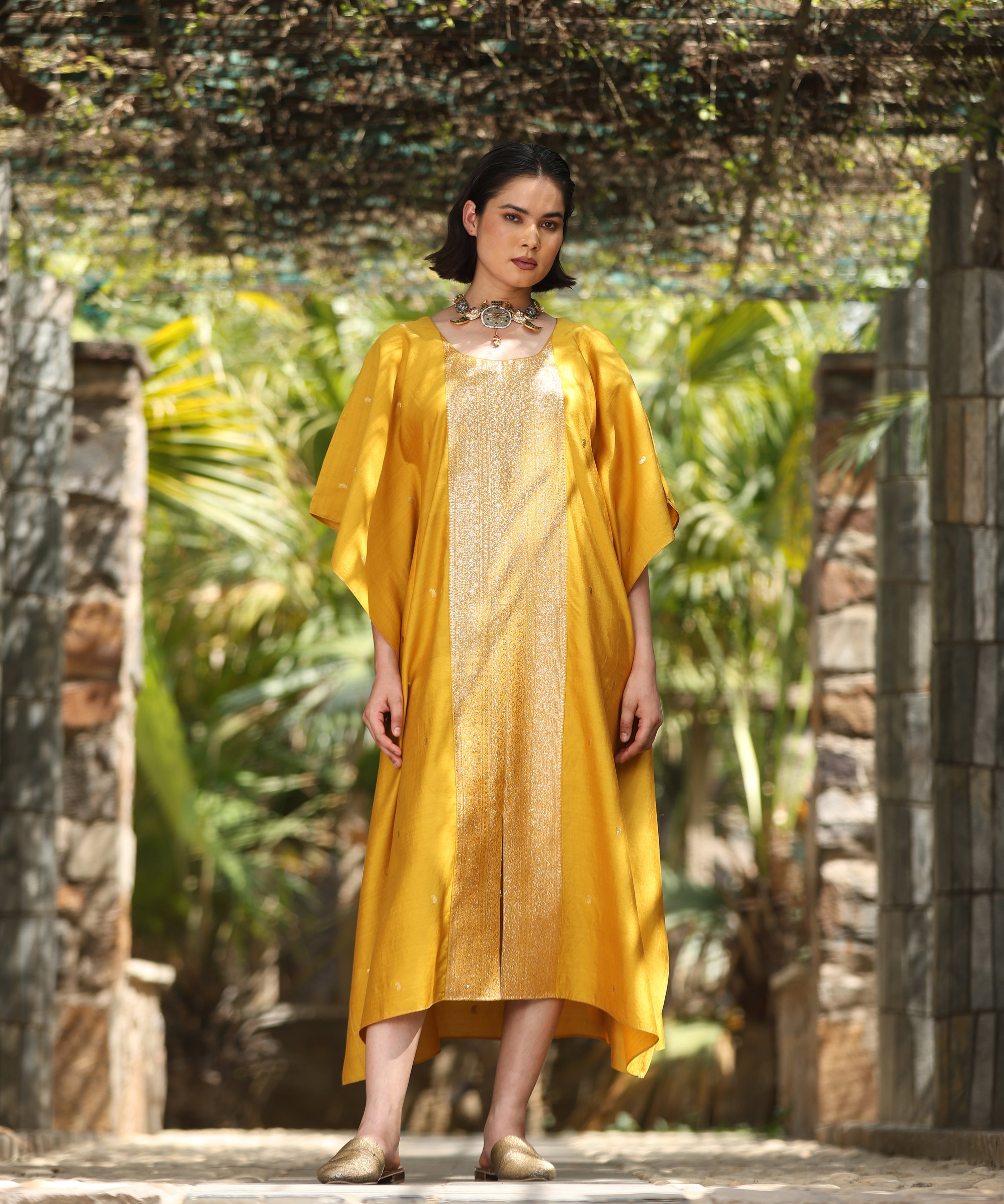 Mari_Gold_Yellow_Handloom_Pure_Chiniya_Kaftan_With_Sanjaab_Finishing_WeaverStory_01