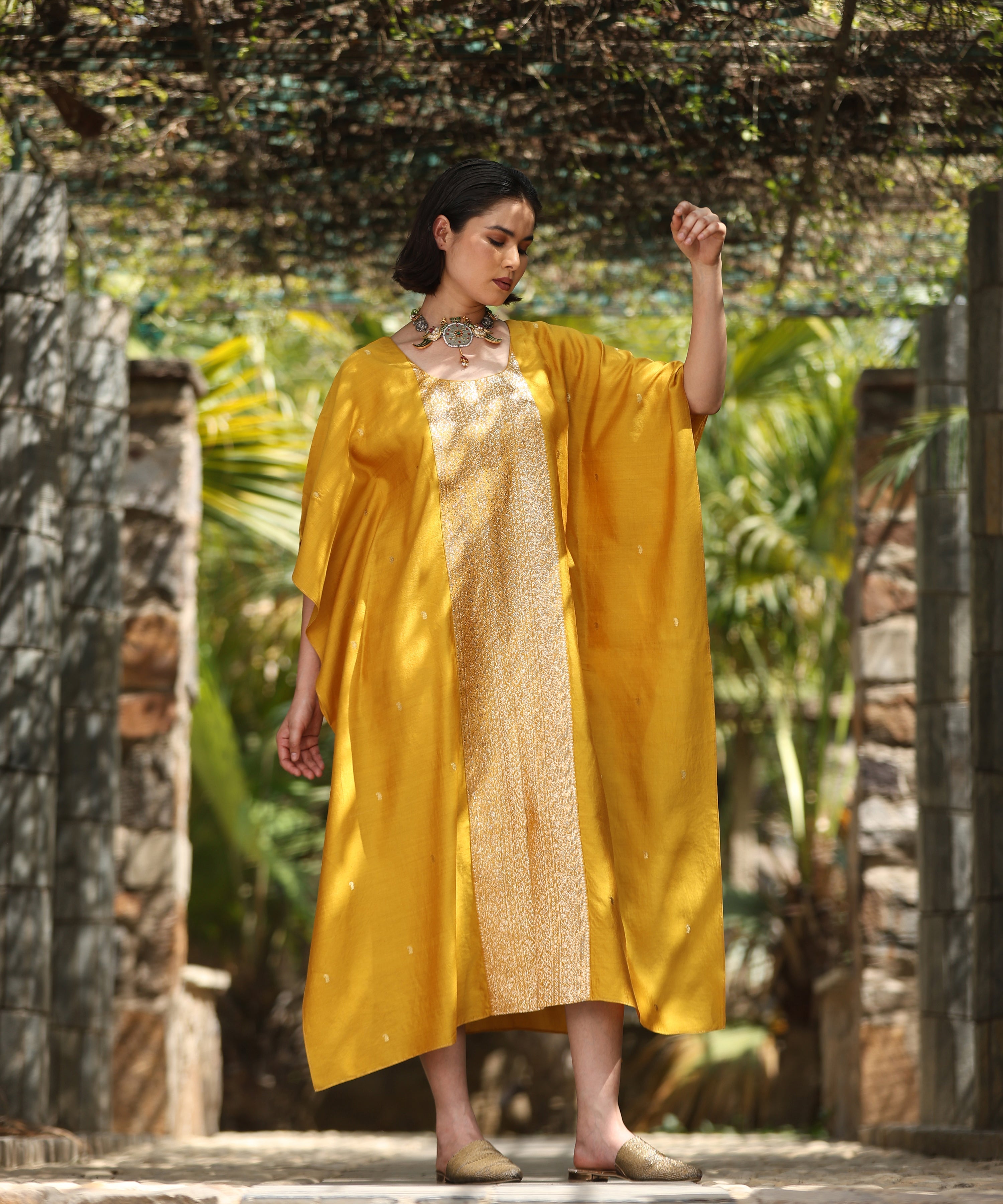 Mari_Gold_Yellow_Handloom_Pure_Chiniya_Kaftan_With_Sanjaab_Finishing_WeaverStory_03