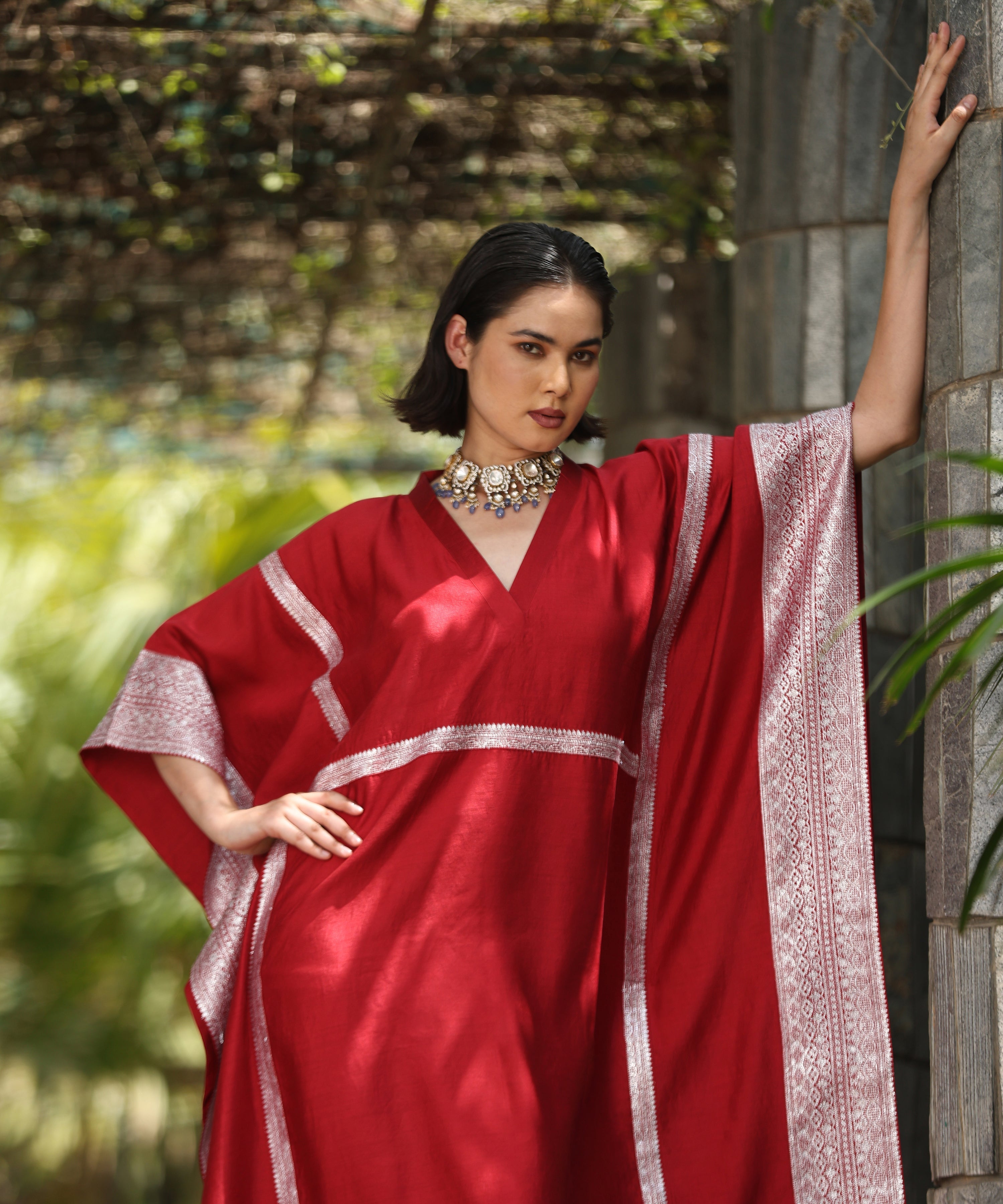 Maroon_Handloom_Pure_Chiniya_Kaftan_With_Sanjaab_Finishing_WeaverStory_02