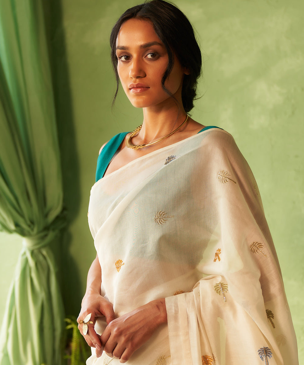 Kinaara Off-White Chanderi Saree with Peacock Green Blouse
