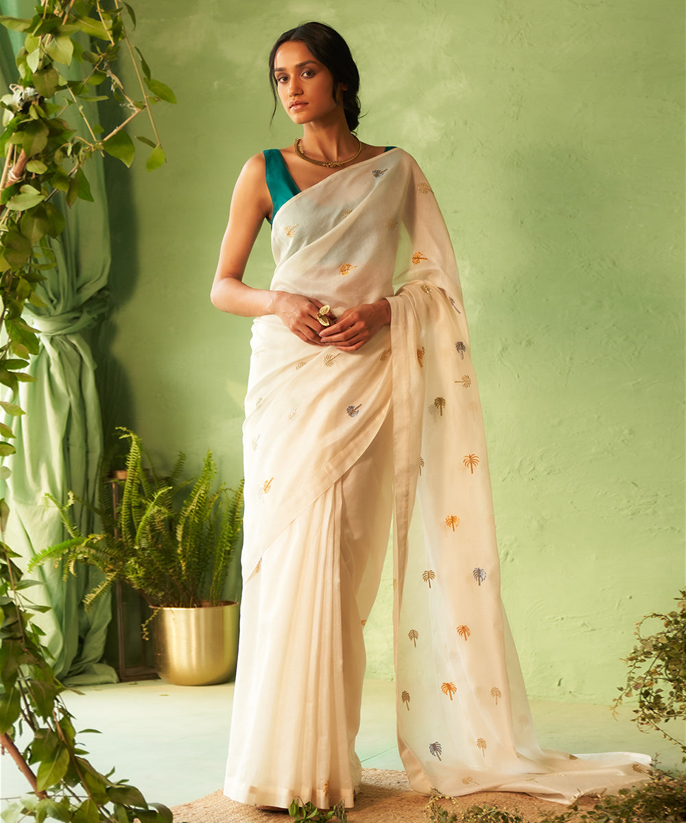 Kinaara Off-White Chanderi Saree with Peacock Green Blouse