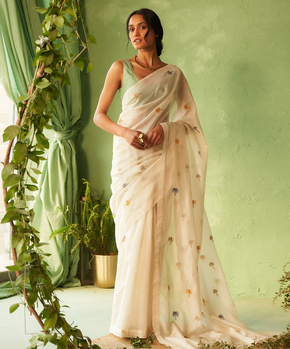 Kinaara White &amp; Tea Green Chanderi Relaxed Fit Embroidered Saree
