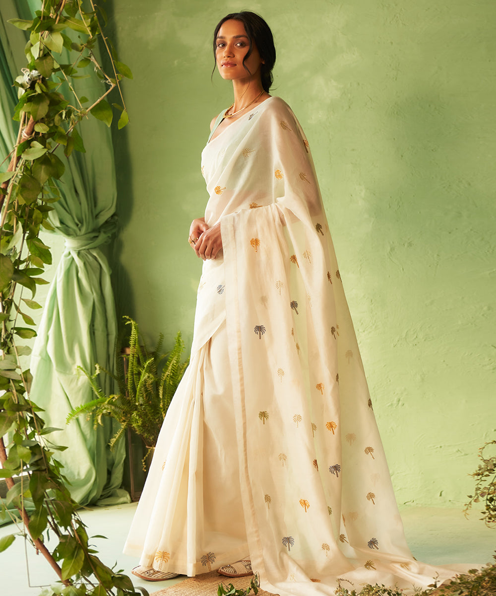Kinaara White &amp; Tea Green Chanderi Relaxed Fit Embroidered Saree