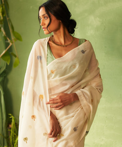 Kinaara White &amp; Tea Green Chanderi Relaxed Fit Embroidered Saree