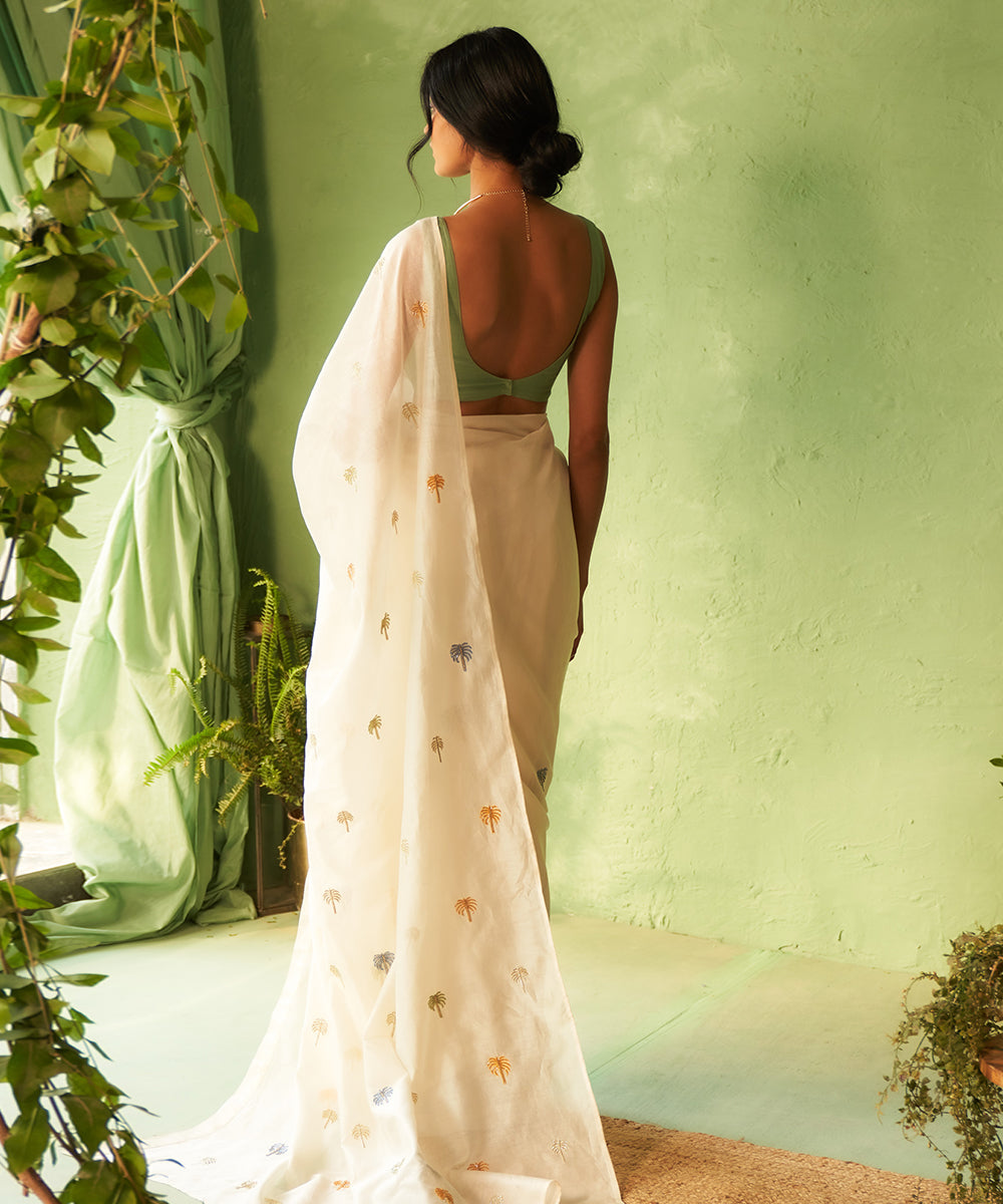 Kinaara White &amp; Tea Green Chanderi Relaxed Fit Embroidered Saree
