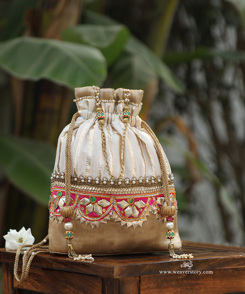 White_And_Gold_Stripes_Brocade_Potli_With_Gota_Patti_Work_WeaverStory_01