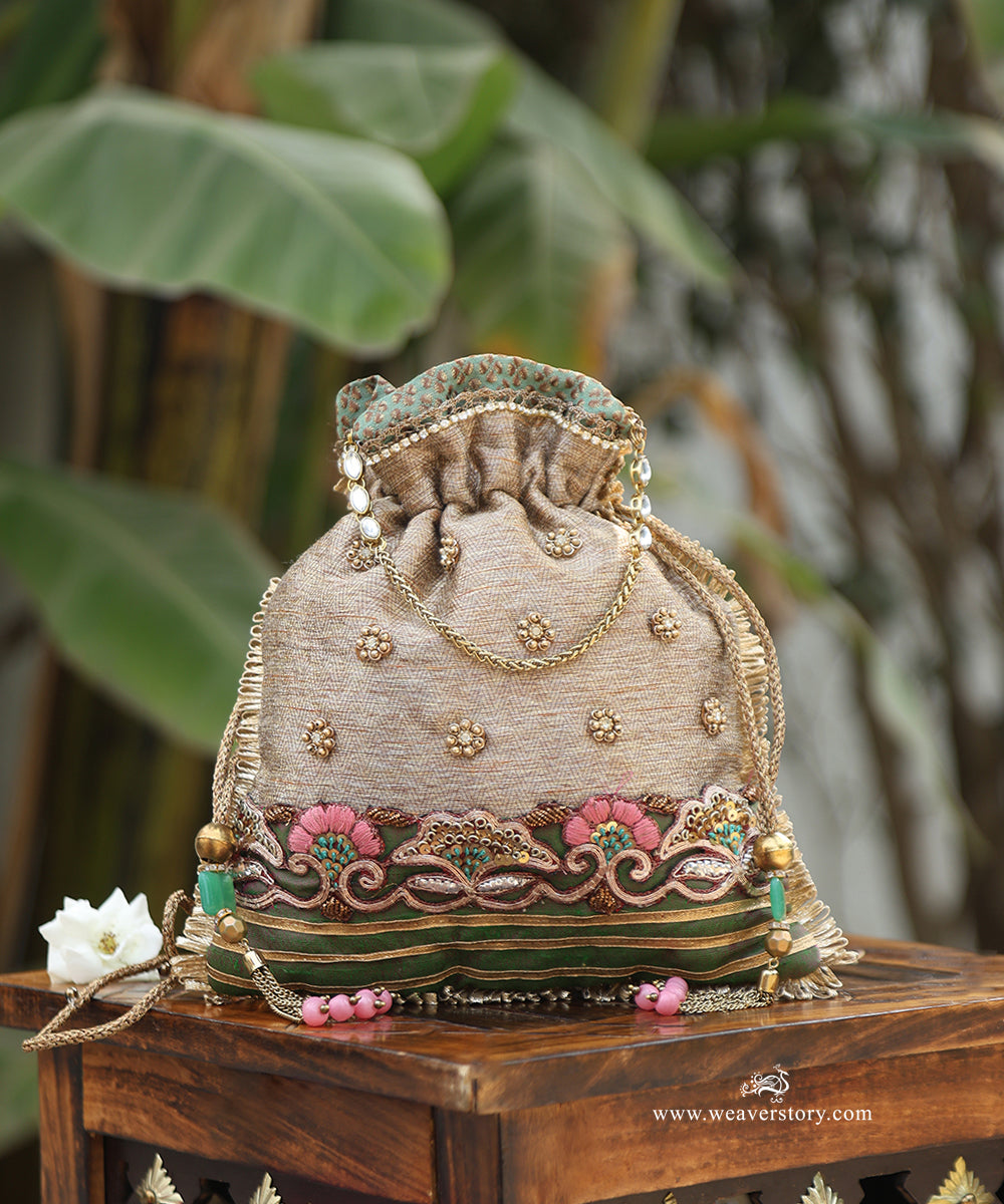 Golden_And_Green_Potli_With_Embroidery_WeaverStory_01