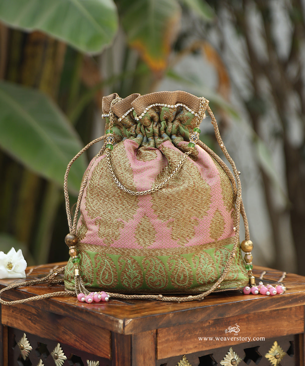 Light_Pink_And_Green_Brocade_Potli_With_Paisley_Motif_WeaverStory_01