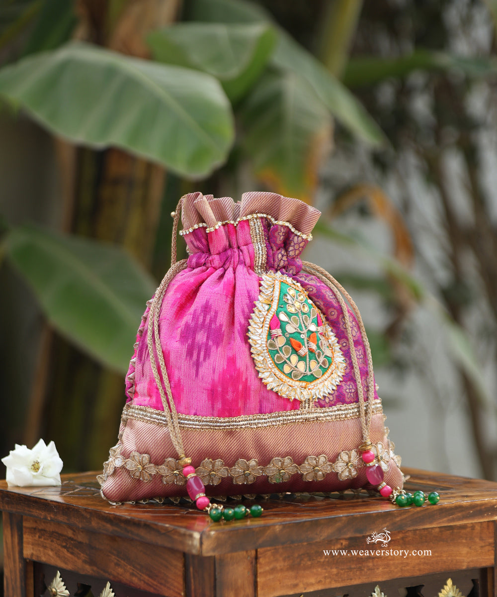 Pink_Silk_Ikat_Potli_With_Gota_Patti_Work_WeaverStory_01