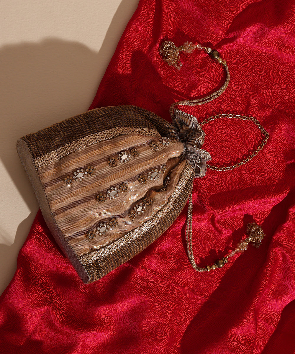 Beige Lurex And Velvet Embroidered Potli