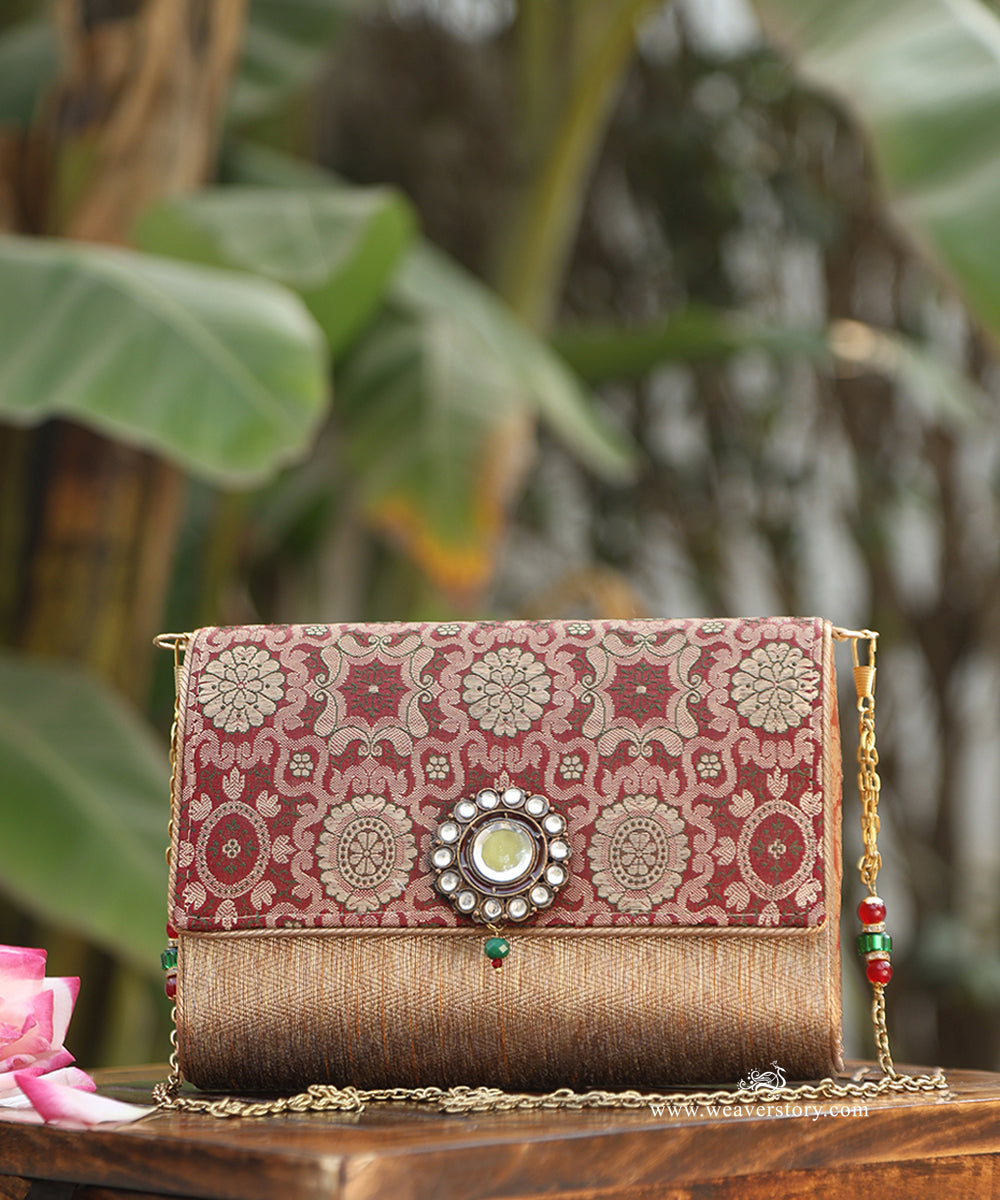 Red_And_Gold_Brocade_Purse_With_Kundan_Detailing_WeaverStory_01