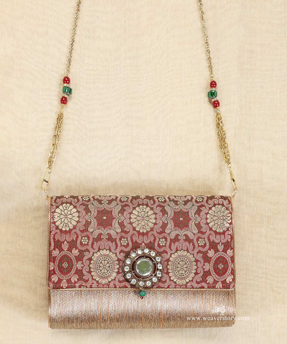 Red_And_Gold_Brocade_Purse_With_Kundan_Detailing_WeaverStory_02