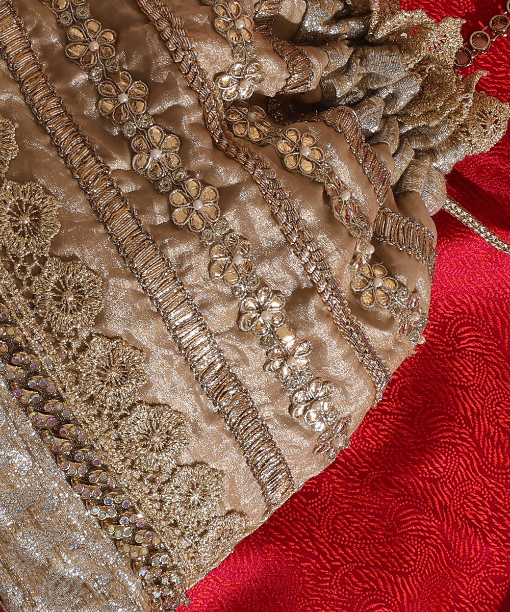Beige Lame Glass Tissue Potli With Golden Lace Embroidery